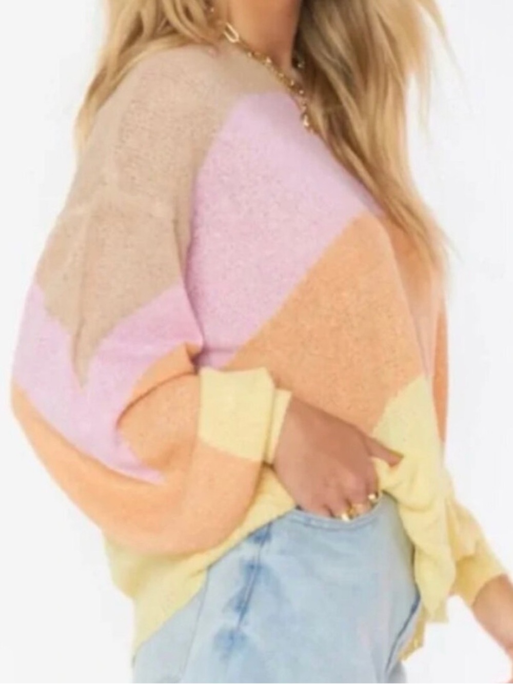 Show Me Your MuMu Pastel Colorblock Crewneck Sweater - Yellow, Pink, Orange, Tan - Picture 3 of 8